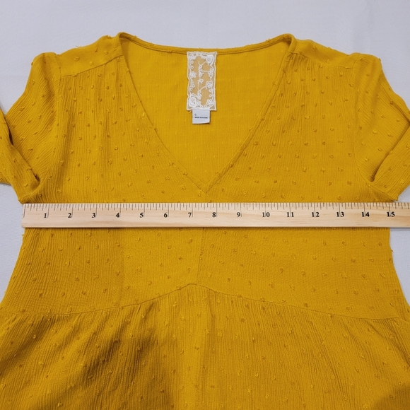 Sadie & Sage Womens Crop Blouse Small Mustard Yellow Swiss Dot Ruffle Hem - Picture 4 of 10